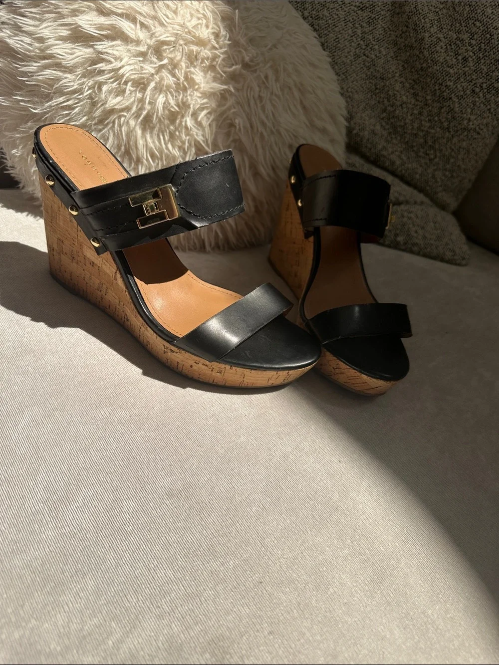 Tommy Hilfiger Black Leather Cork Wedge Sandals with Gold Buckle